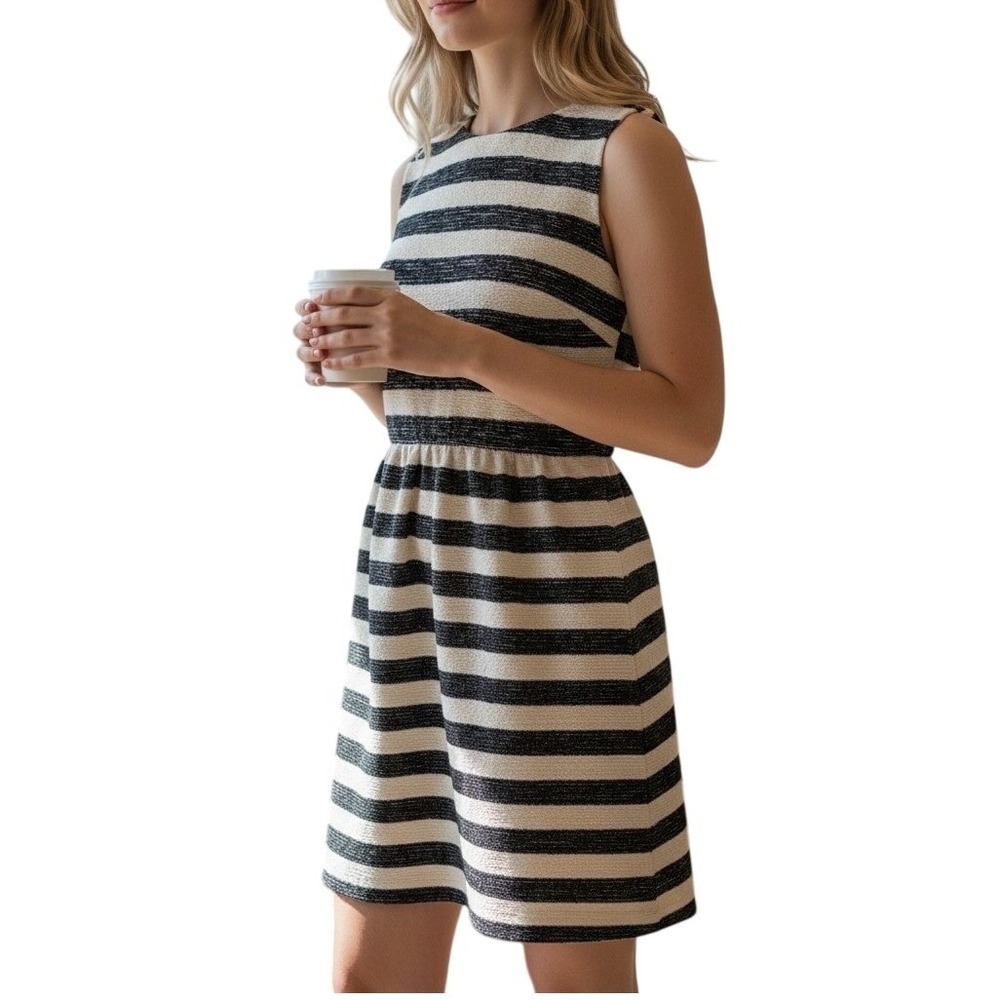 Crown & Ivy Dress Womens 14P Navy Cream Striped Sleeveless Textured Petite NWT